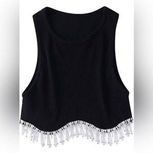 Sleeveless Cropped Rib Knit Tank Top with Rhinestone Tassel Size Large